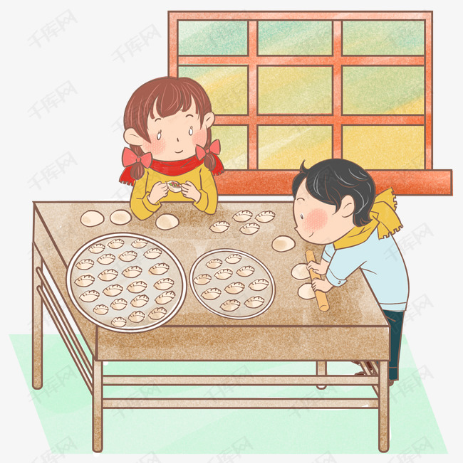 立冬冬至吃饺子包饺子男孩女孩手绘