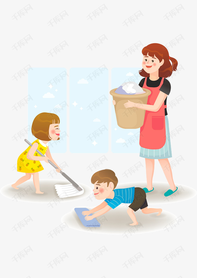 母子三人一起做家务互动矢量
