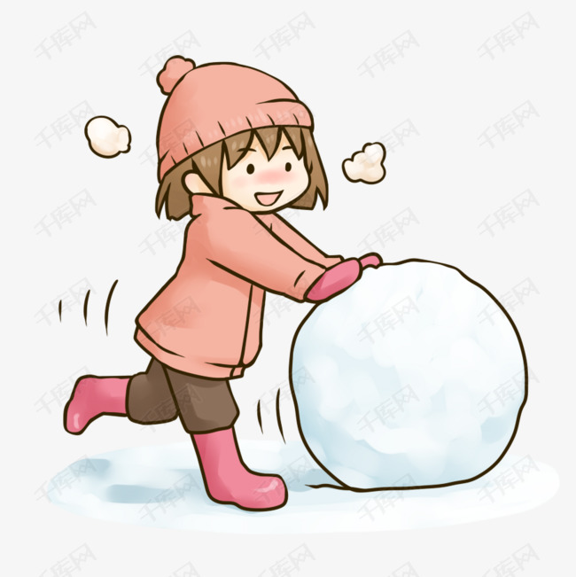 冬季冬天卡通手绘滚雪球的女孩