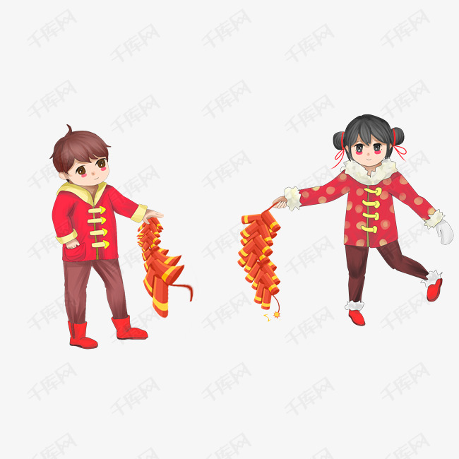 手绘红红火火过新年的素材免抠手绘卡通少男少女对联祝福恭喜发财新年