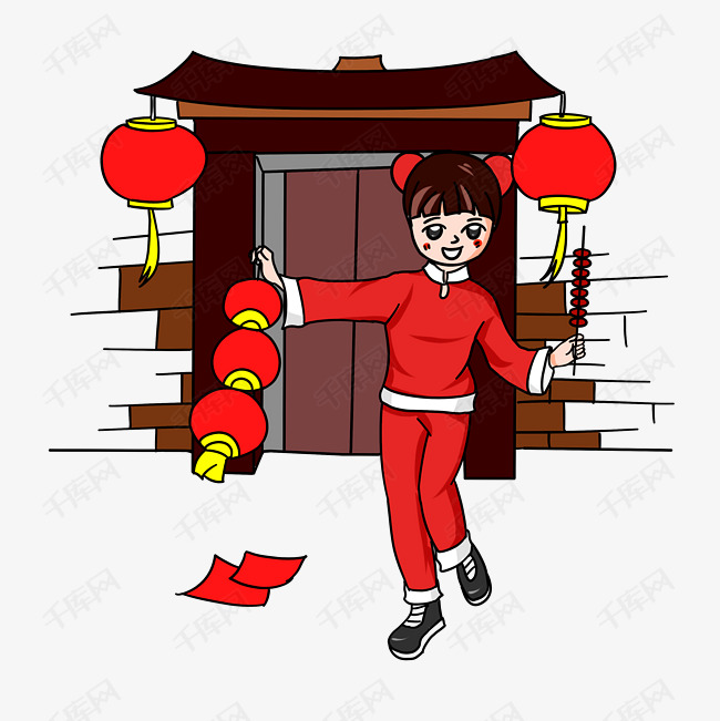 拿灯笼女孩手绘卡通插