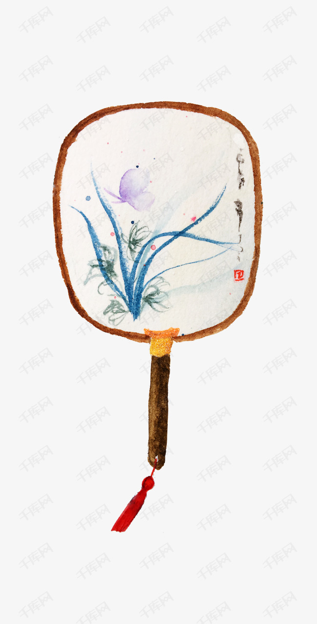 手绘水彩团扇插画