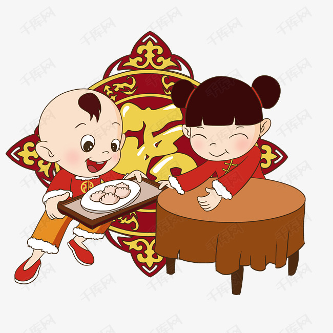 千库网 图片素材 手绘新年福娃吃饺子插画  手绘新年福娃吃饺子插画的