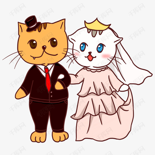 手绘卡通可爱小猫情侣插画