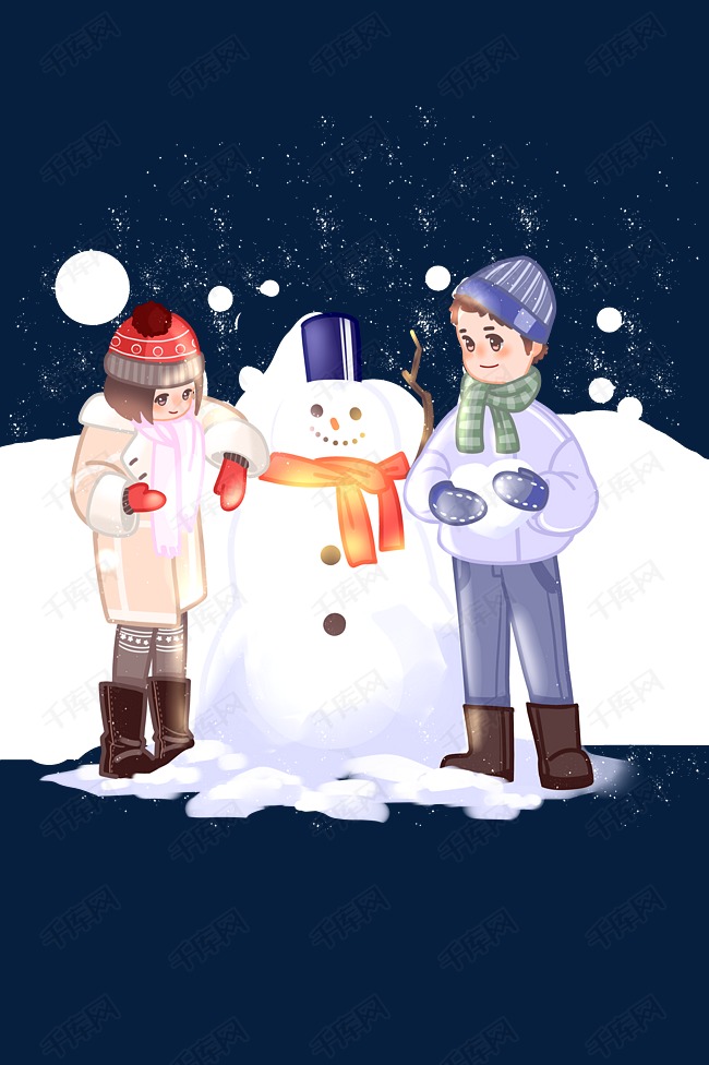 下雪的冬天堆雪人的小女孩和小男孩