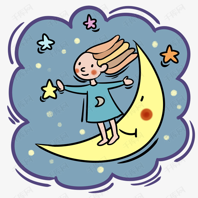 手绘卡通可爱梦幻童话月亮上的小女孩