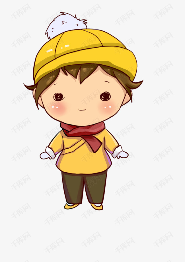 冬季穿着保暖小男孩可爱卡通手绘黄色冬天简单透明背景
