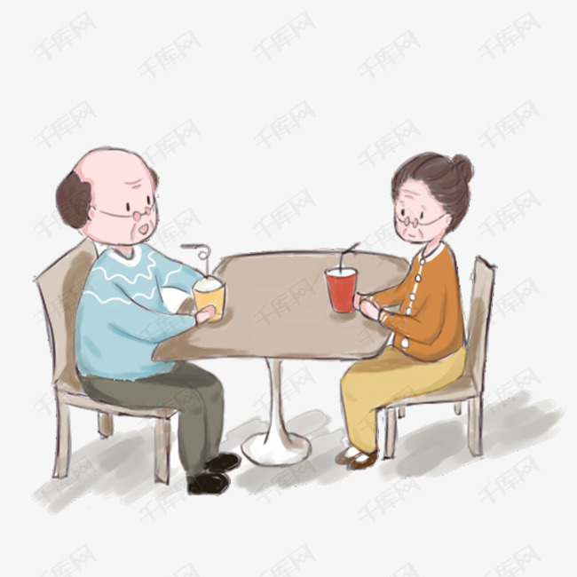 老爷爷老奶奶幸福生活一起喝茶卡通插画