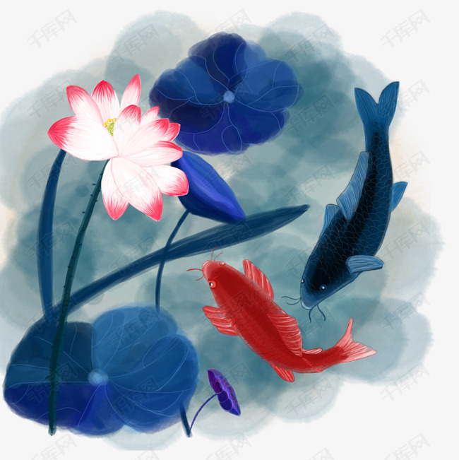 中国风水墨水彩工笔连年有余原创手绘免抠高清图