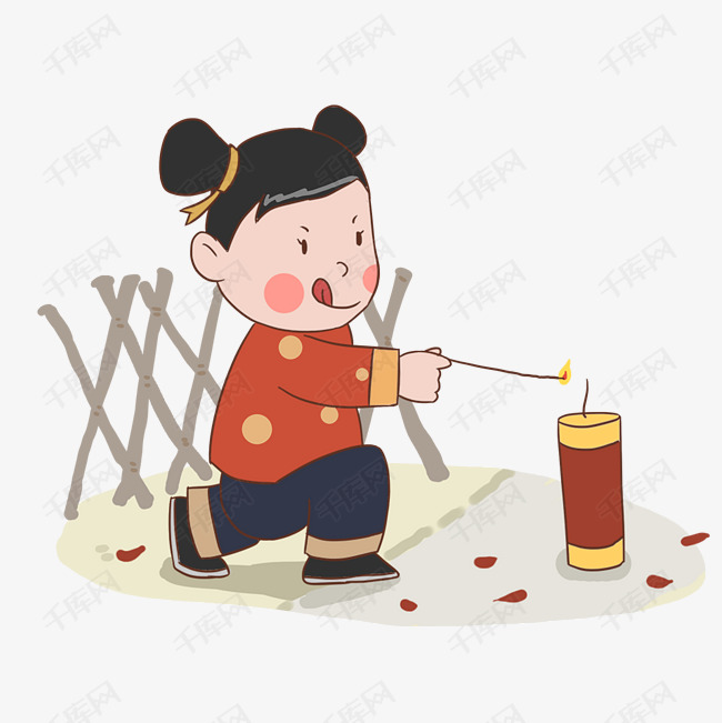 手绘中国风过新年放鞭炮儿童插画