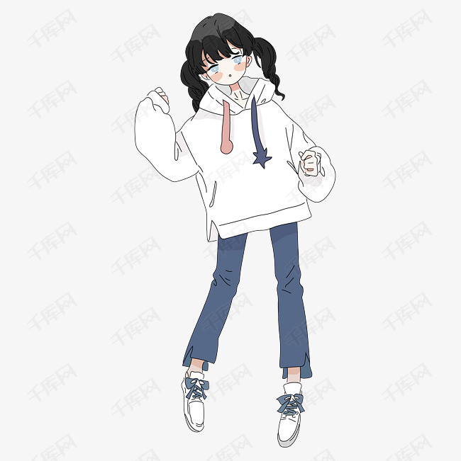 卡通手绘白卫衣少女