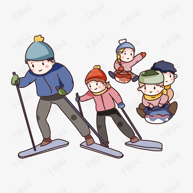 手绘卡通冬天滑雪