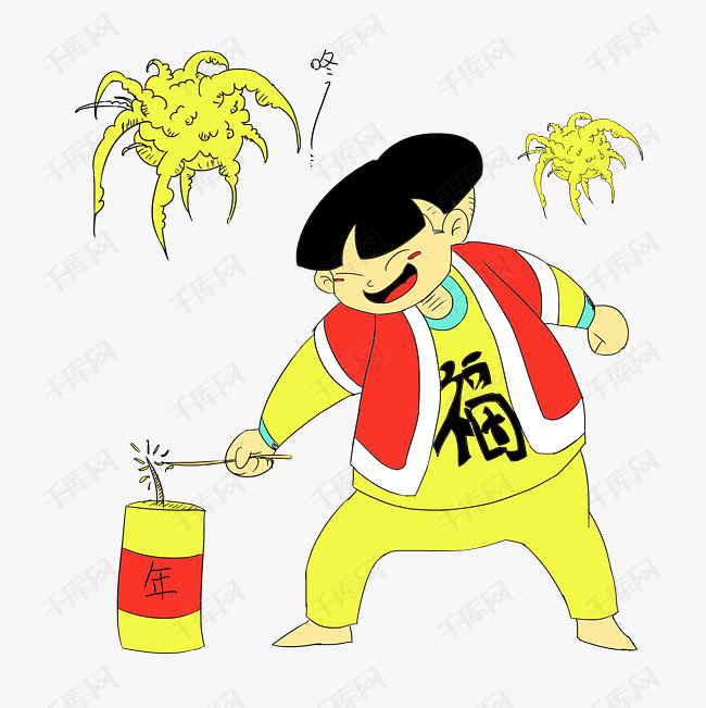 春节 红色黄色 卡通乌龙男孩png免扣放鞭炮