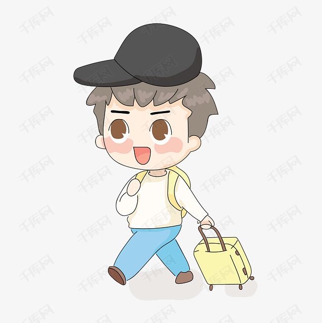 卡通手绘拖着行李的男生