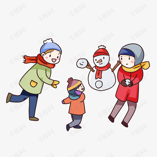 手绘卡通下雪打雪仗