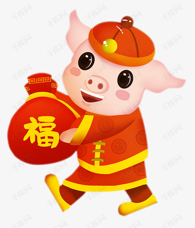 拿着福字的新年福猪卡通免抠图素材图片免费下载_高清