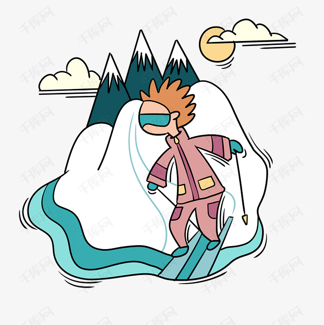手绘卡通可爱冬季滑雪少年