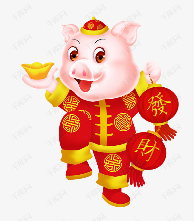 提着发财灯笼的新年福猪卡通免抠图素材图片免费下载