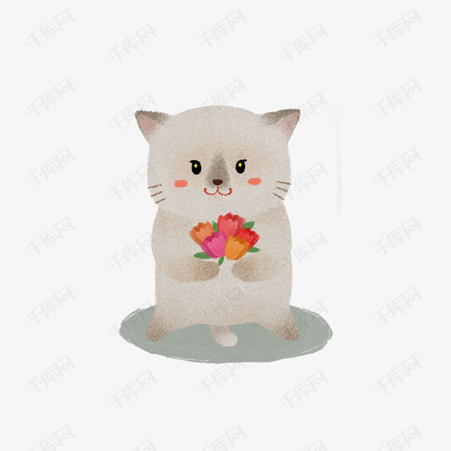 节日手捧鲜花送花手绘猫咪