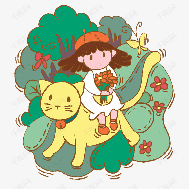 千库网 图片素材 手绘卡通可爱童话小女孩和猫