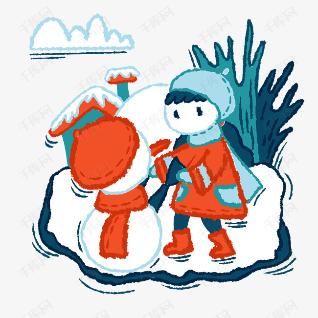 手绘卡通可爱冬季雪人和小女孩