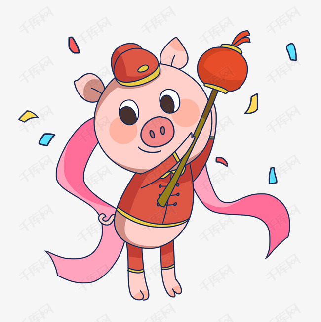 手绘新年卡通小猪玩花灯插画素材图片免费下载