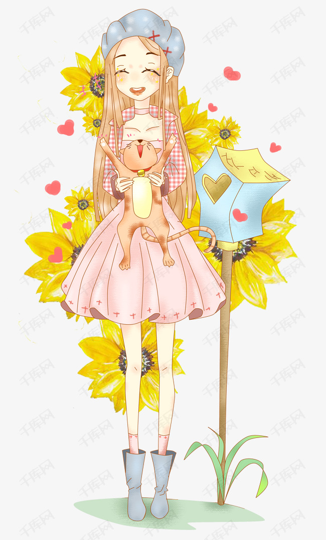 动漫手绘原创唯美水彩蜡笔女孩与猫咪人物插画