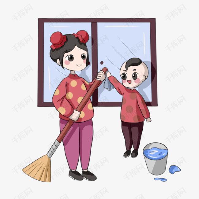 手绘过新年大扫除儿童插画