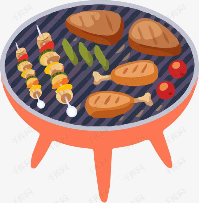 卡通烤肉元素设计的素材免抠手绘风格插画美食聚餐美食烤肉烤串bbq