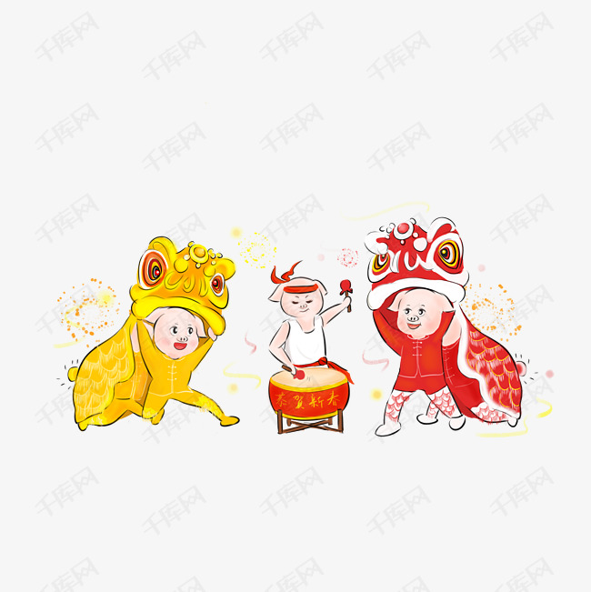 春节舞狮子手绘png素材图片免费下载_高清psd_千库网