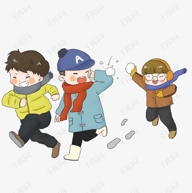立冬时节在雪地中追逐打闹的男孩们