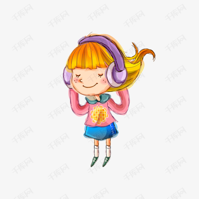 卡通手绘正在听音乐的女孩