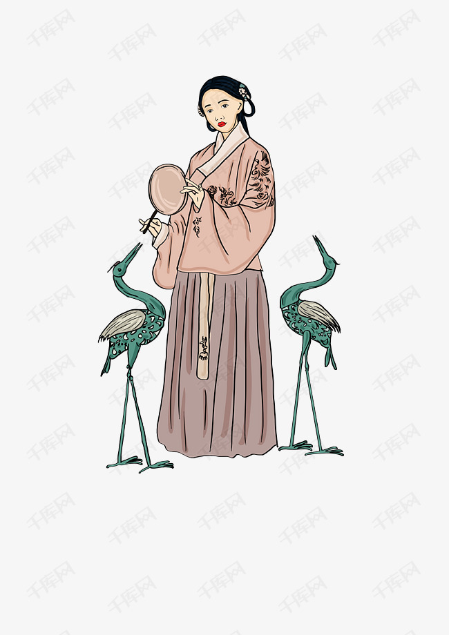 古代人物手绘插画手拿扇子的古代女子