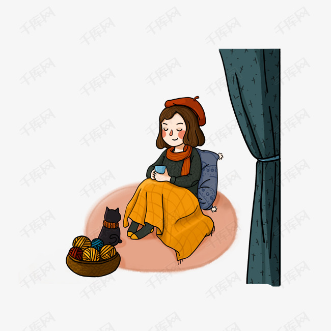 冬季冬天小女孩穿着保暖的围巾帽子毛毯猫取暖卡通手绘
