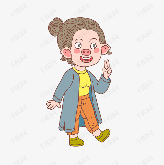 千库网 图片素材 猪年卡通手绘剪刀手猪女孩  猪年卡通手绘剪刀手猪