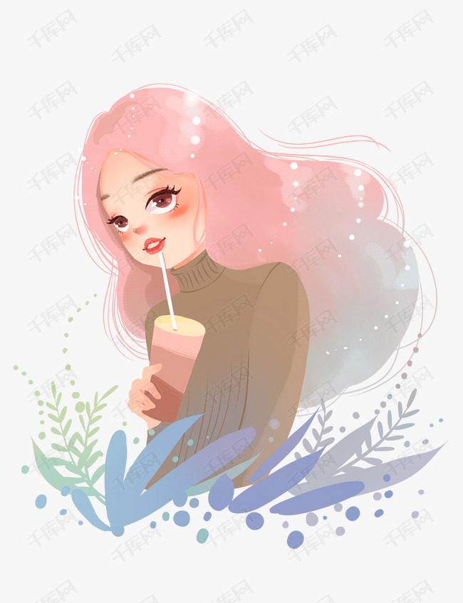 冬季插画穿毛衣喝奶茶的女孩