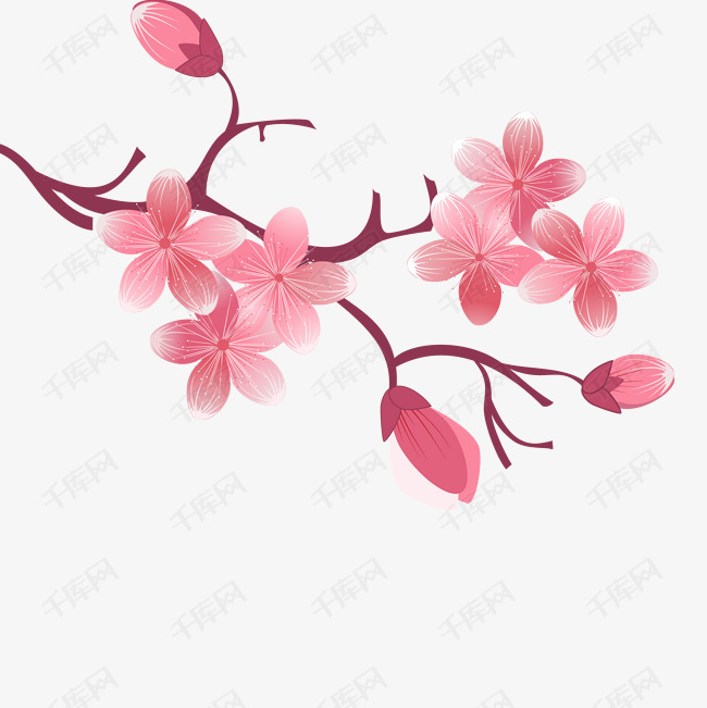 卡通梅花矢量图下载的素材免抠粉色花朵开花的树枝卡通梅花卡通插图