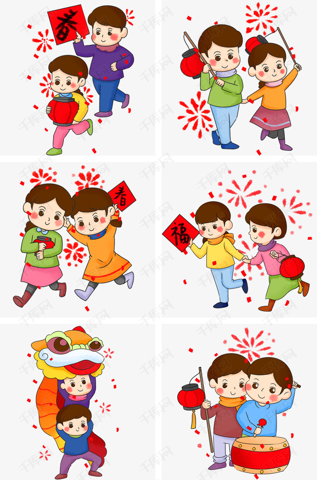 节日春节放鞭炮卡通人物插画