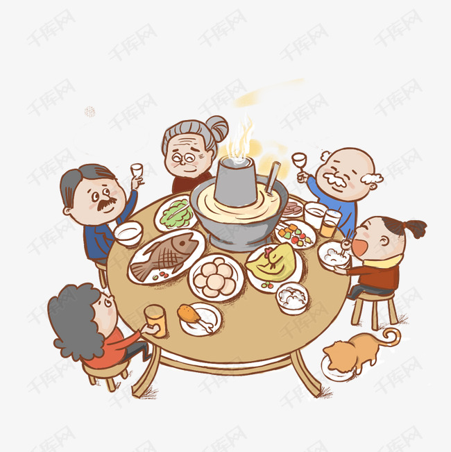 手绘中国风卡通过年吃年夜饭
