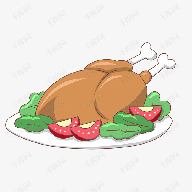 手绘感恩节美食烤火鸡插画