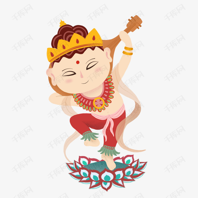 敦煌壁画弹琴飞天佛像卡通手绘插画