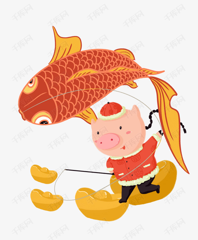 春节红色卡通插画猪年锦鲤psd
