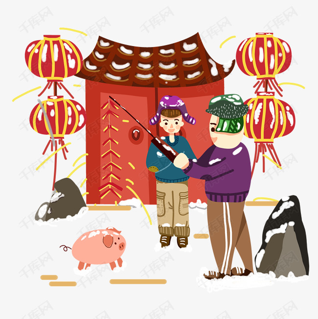 两个手绘的放鞭炮的人