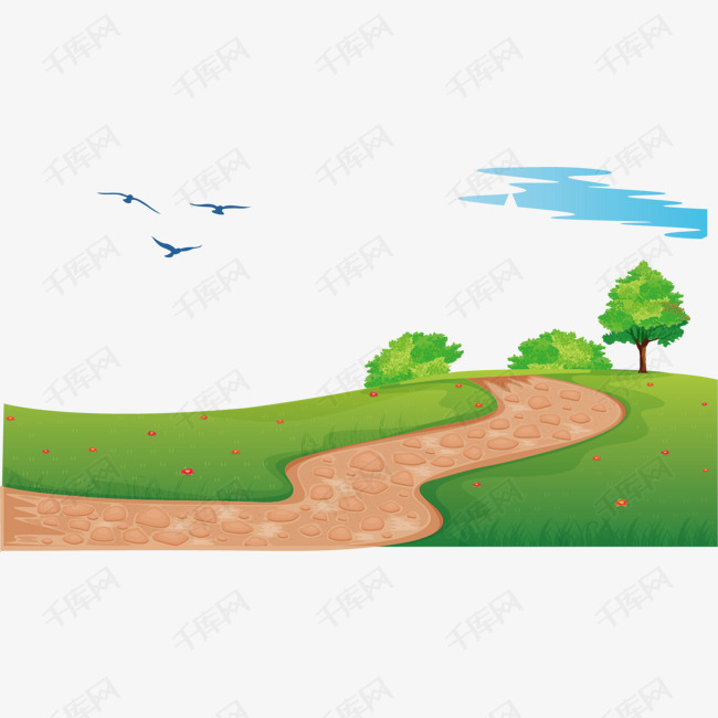 卡通风景矢量图下载的素材免抠草原风景乡间小路卡通风景卡通插图创意