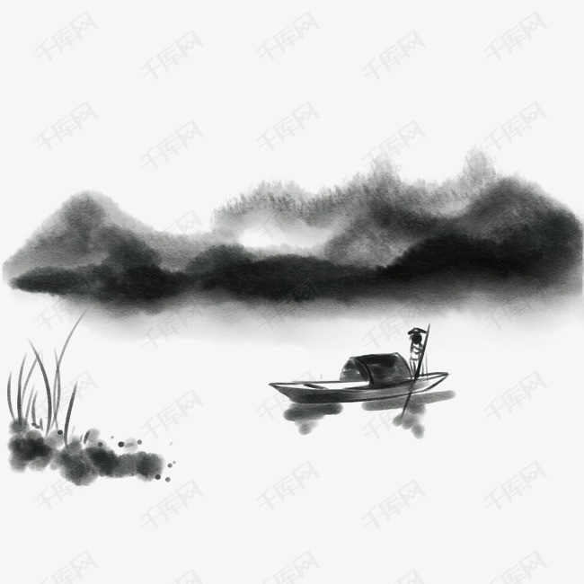 渔人撑船风景水彩画