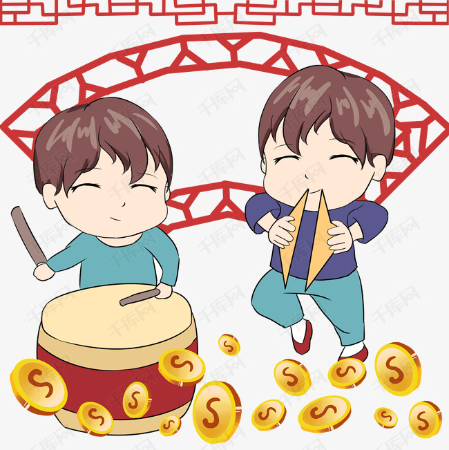 手绘男孩敲锣打鼓