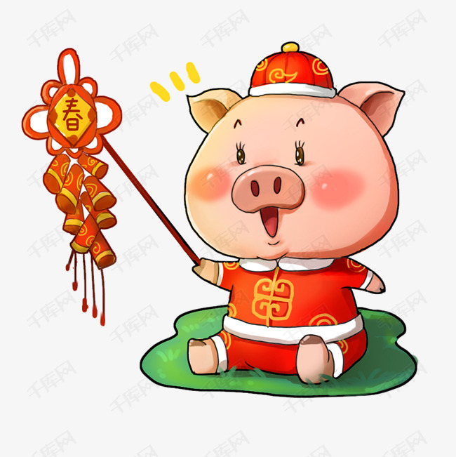 可爱唐装猪猪送祝福卡通插画素材图片免费下载