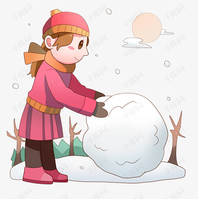 手绘冬季滚雪球插画