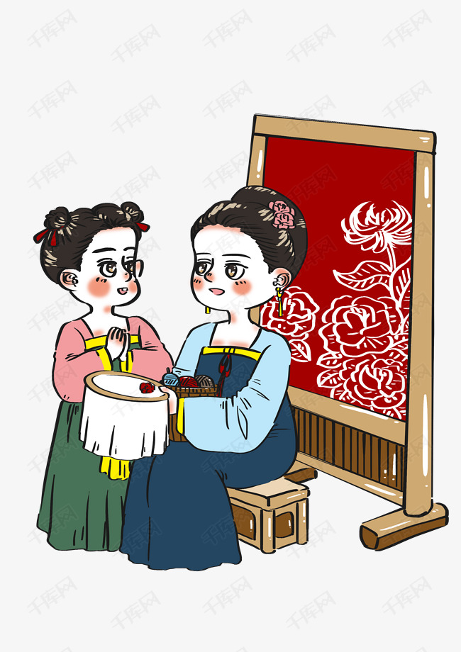 中国风母女俩刺绣传承卡通人物场景