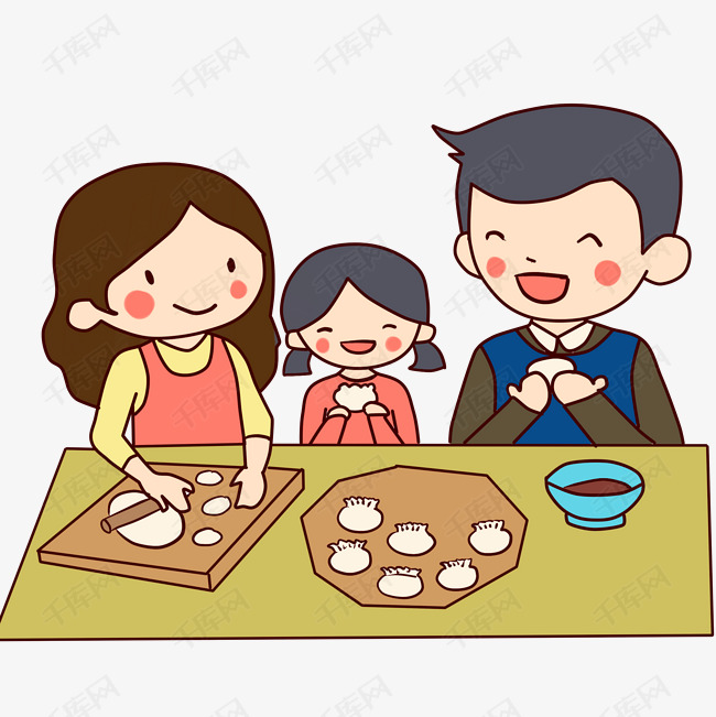 手绘冬至包饺子的一家人插画素材图片免费下载_高清